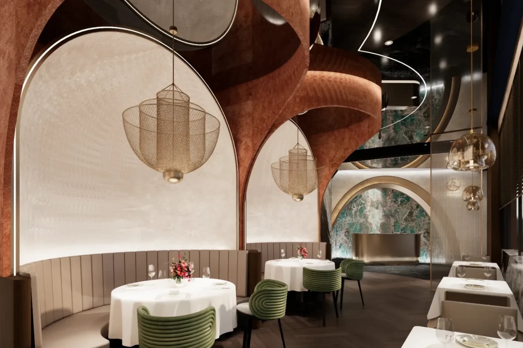 森鐵板燒甜點沙龍透過挑高尺度、圓弧語彙與暖色光影，延續 Fine Dining 的餐後品牌體驗。